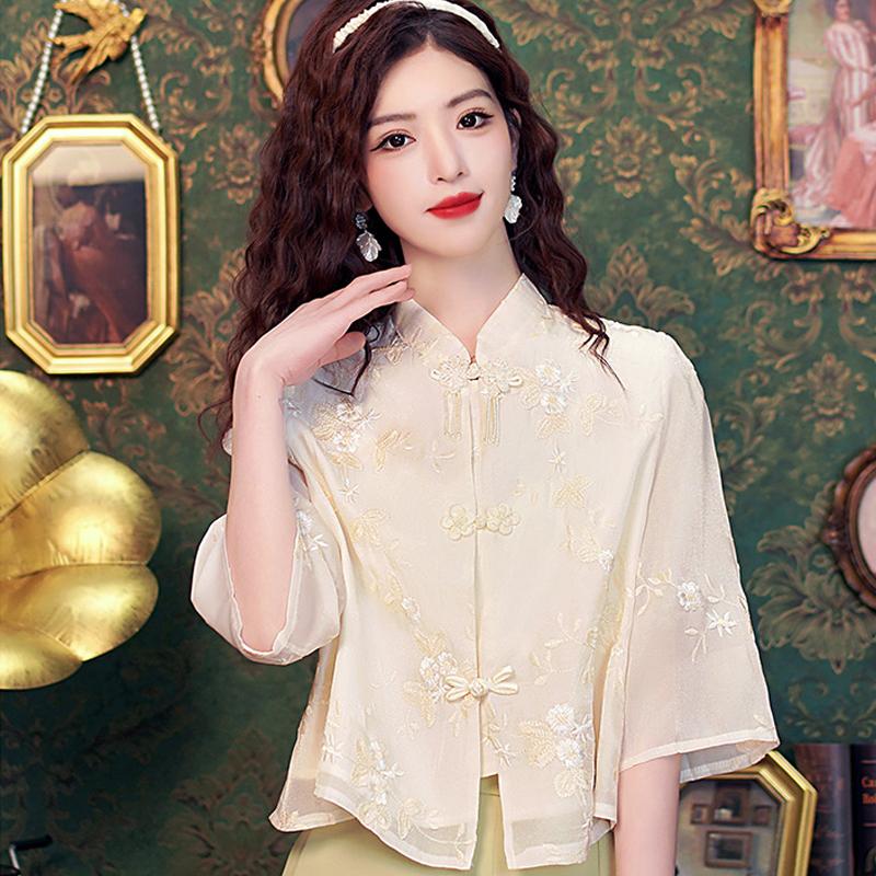 New Summer Fashion Chinese Style Embroidery Chiffon Blouse Shirt Women Tops Blouses Shirts J330