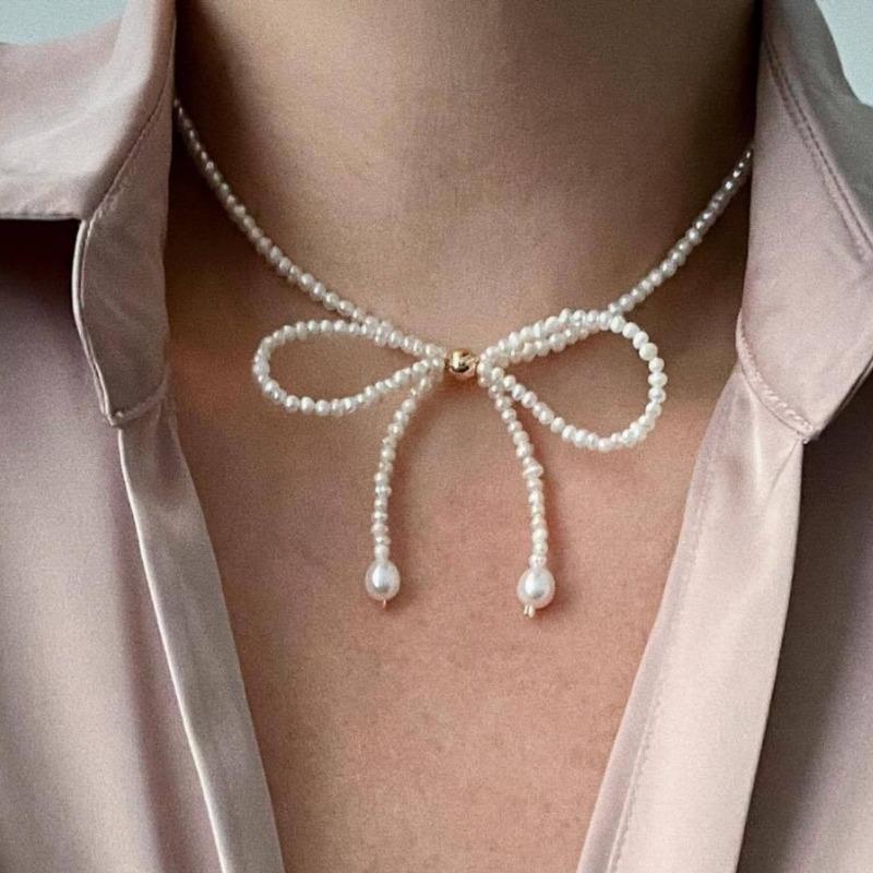 

Bow hokr necklace women s fashion temperament sweet imitation pearl string chain niche high-end neck chain