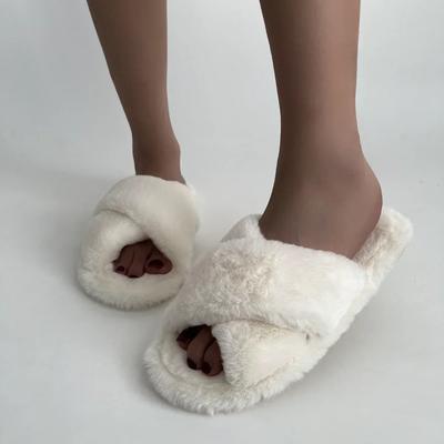 Warm Plush Slippers Women Slides Flat Low Heels Women Shoes Solid Color Cross Tie Fluffy Fur Slippers Platform Shoes