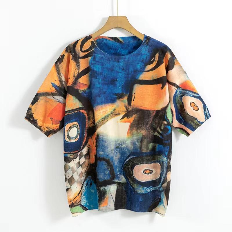 

Вязаные топы с короткими рукавами Весенние трикотажные пуловеры с цветочным принтом Женская повседневная футболка с круглым вырезом One Size