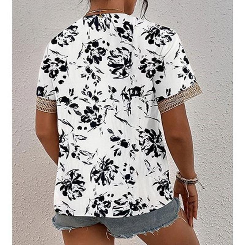Sommer V-Ausschnitt Spitze Loose Print Damen Bluse Tops Stilvolle Bürodame Kurzarmshirt Damen Vintage Elegante Casual Blusen Damenbekleidung 24308