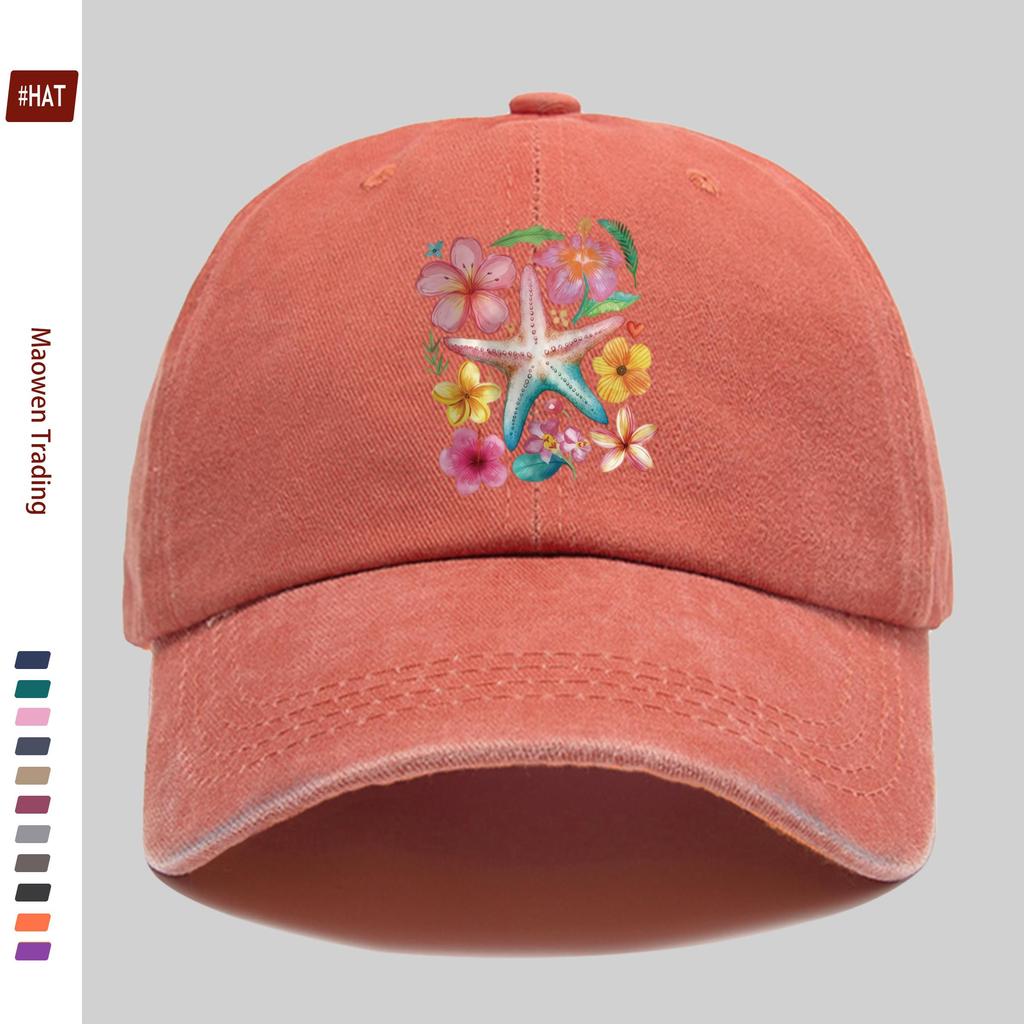 Pc Watercolor Style Baseball Cap with Starfish Flower and Leaf Pattern Print Casual Travel Decorative Design Sun Hat Comfor