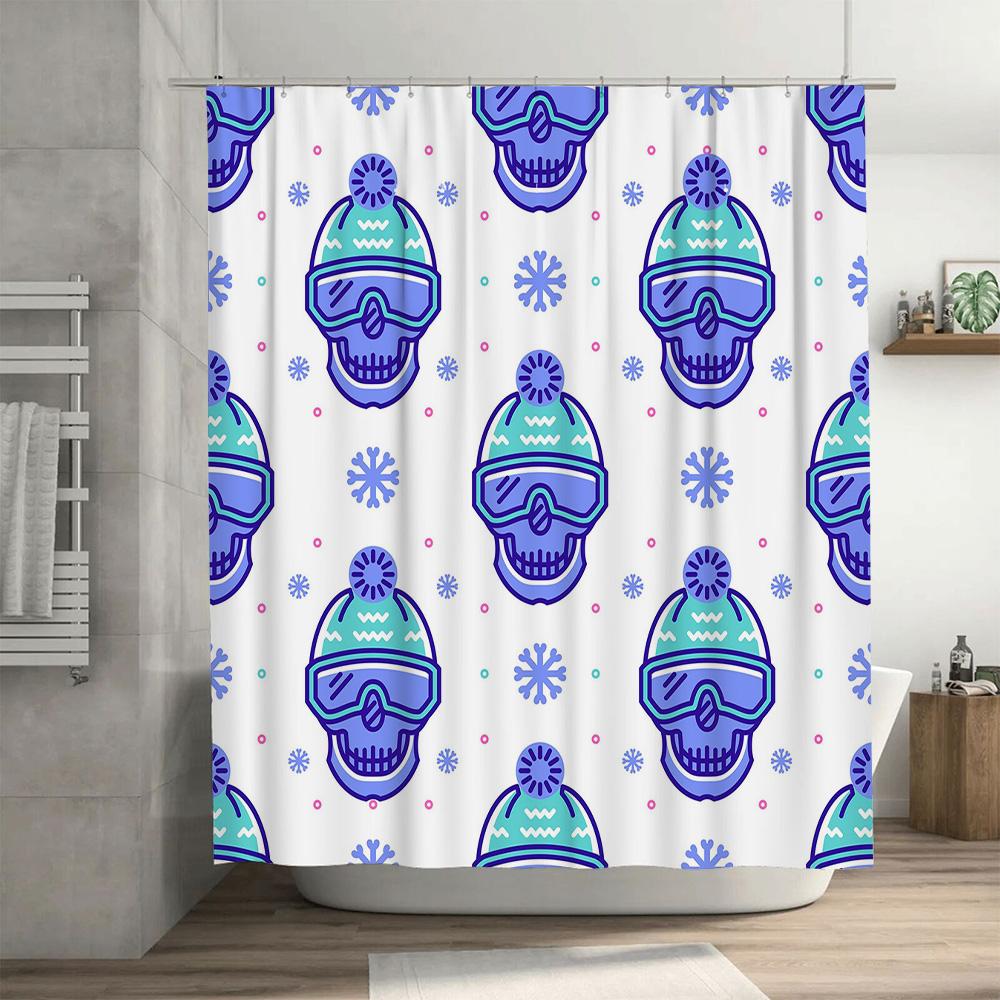 Vibrant Skulls Shower CurtainWinter Wonderland Decor for Bathrooms Blue Purple Snowflake Pattern Easy Install, Reusable Fabric P