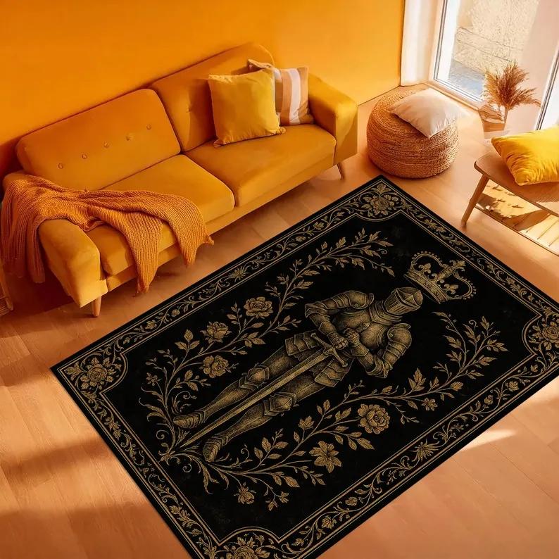 

Retro Dark Color Knight Sword and Dragon Carpet Medieval Carpet Renaissance Theme Rug Living Room Bedroom Sofa Rug Home Decor 40X60cm