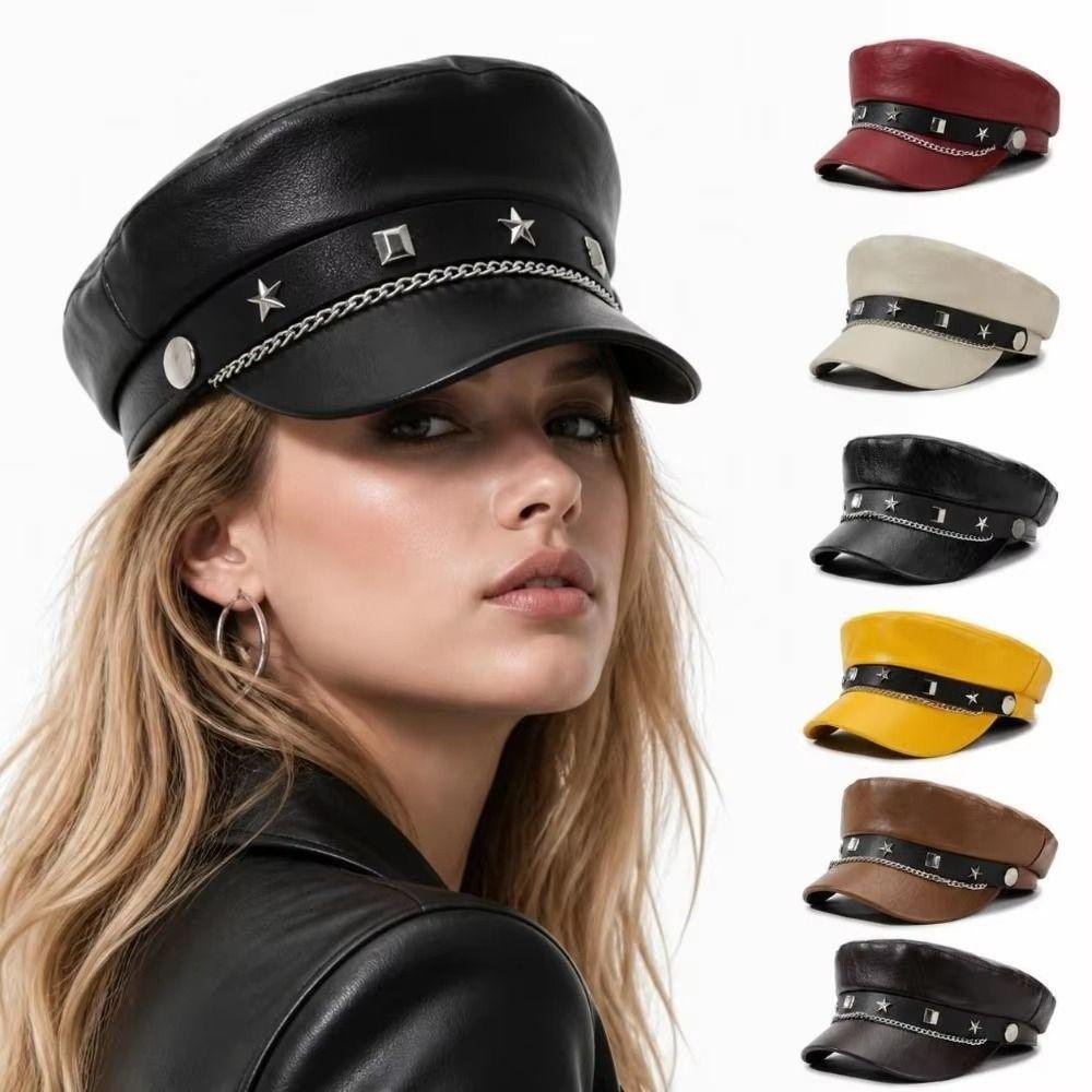 Y2k Star Rivet Beret Hip-hop Octagonal Cap Fashion Flat Top Cap for Girls