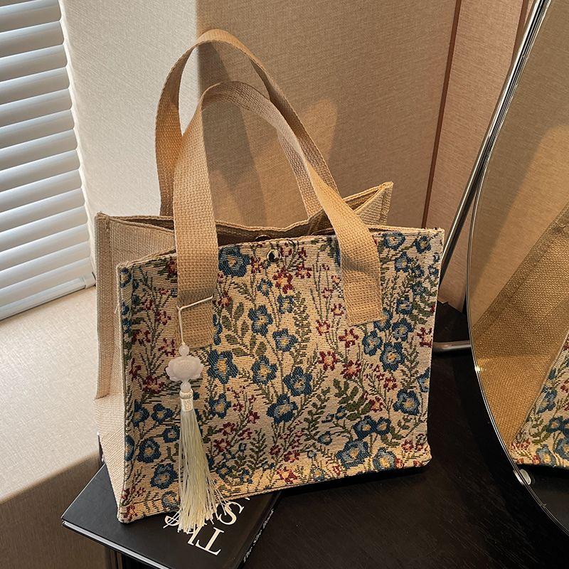 

Популярная сумка этого года женская 2025 Новое поступление Джутовая сумка женская Инс класс Сумка-тоут с цветочным принтом на каждый день Blue + national style tassel pendant