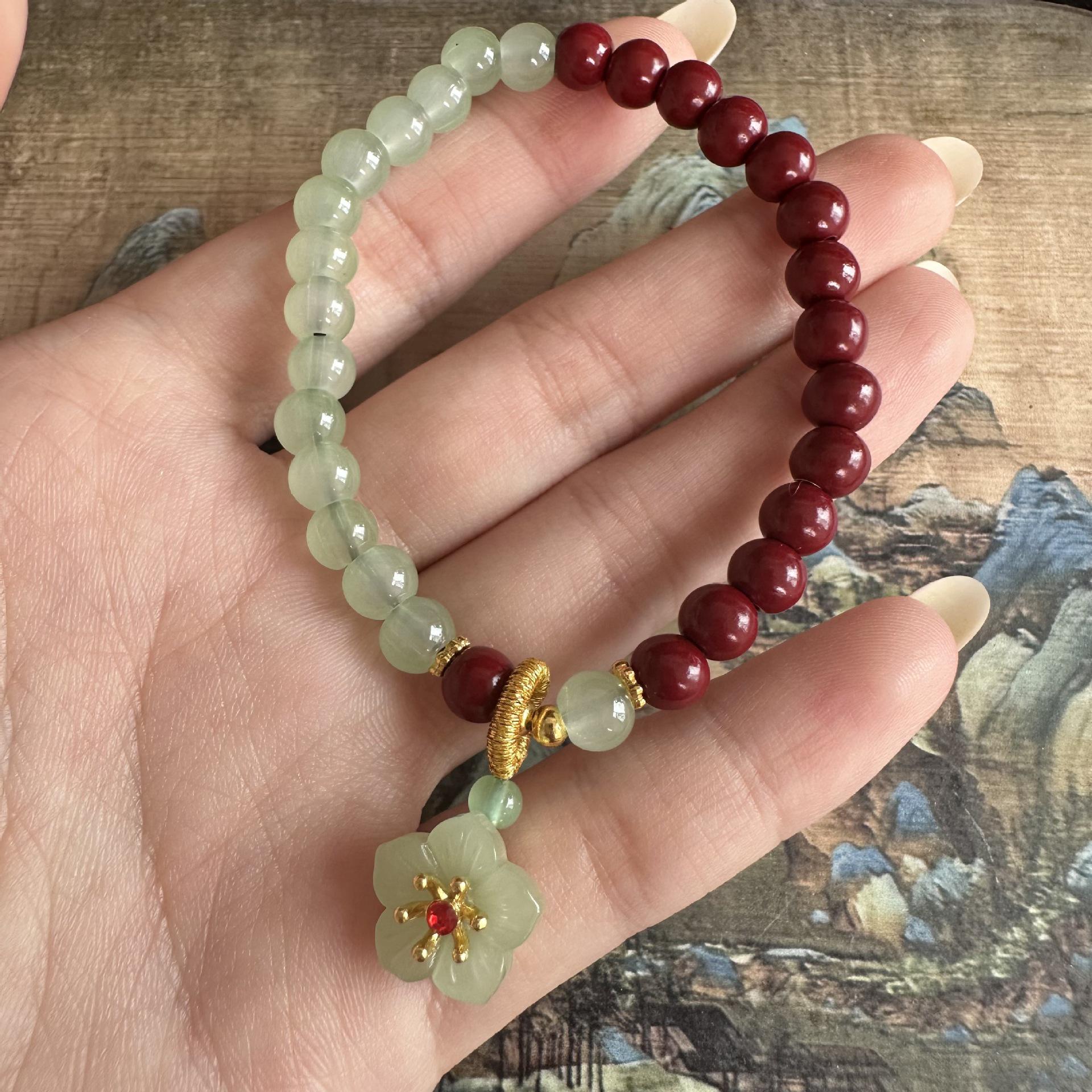 Peach Blossom Bracelet: Purple Gold Sand & Green Jade, Ancient Style for Women