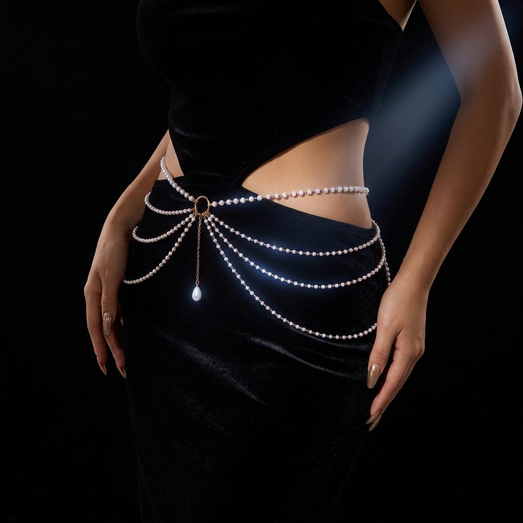 Multilayer Imitation Pearl Waist Chains For Women Metal Ring Tassel Belt Summer Fashion Dress Jeans Body Jewelry For Dance Party