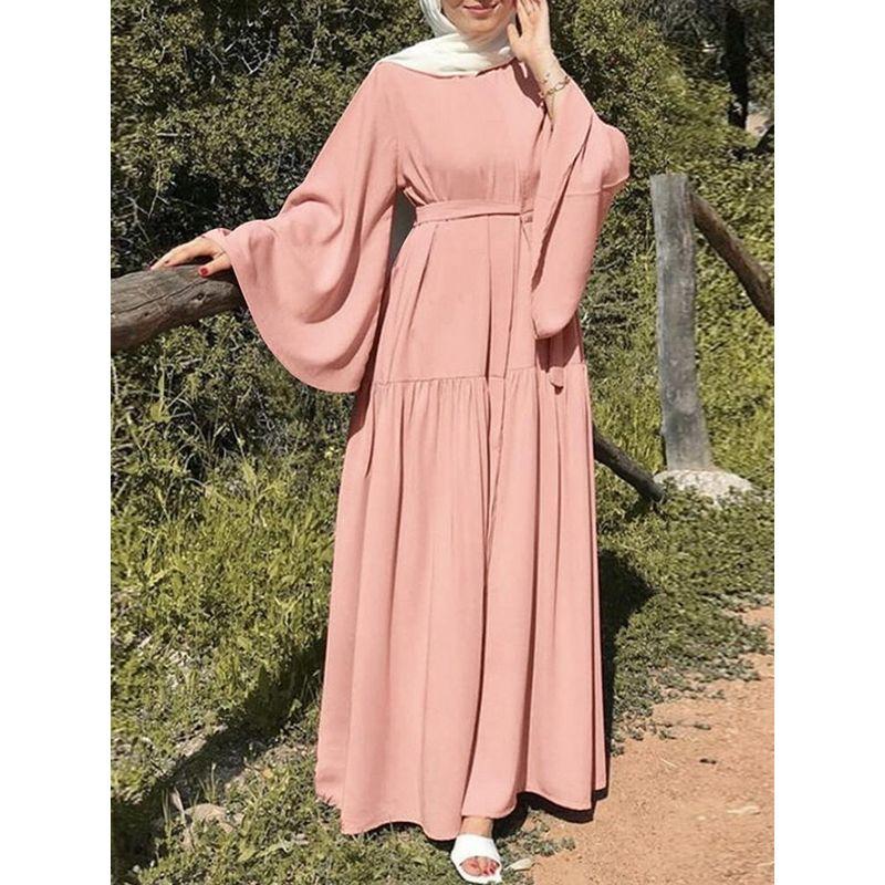 

Новое поступление Этническая женская одежда Мусульманский дорожный наряд Пояс Платье-свинг с круглым вырезом и длинным рукавом Pink M