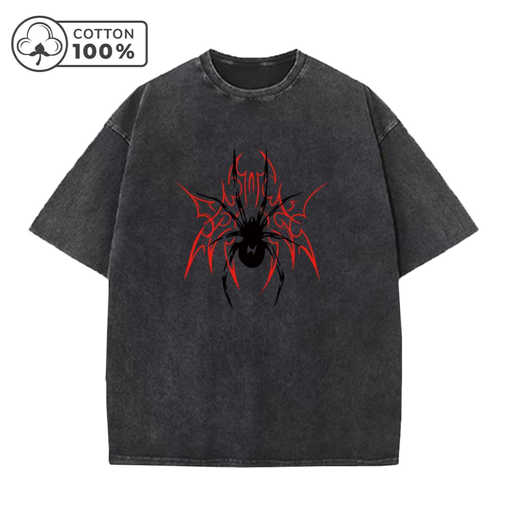Mens Casual Washed TShirt Trendy And Stylish Pure Cotton Short Sleeve Unique Spider Print Summer Everyday Commute Top
