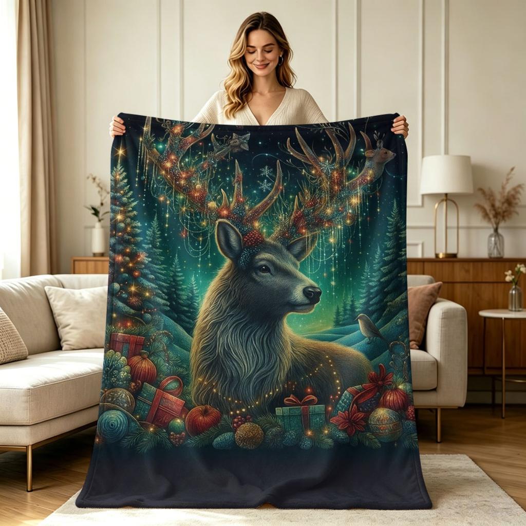 Soft Flannel Christmas Reindeer Print Blanket All Season Warm Cozy Throw Blanket for Sofa Couch Bedroom Living Room Office Home Holiday Winter Decorat