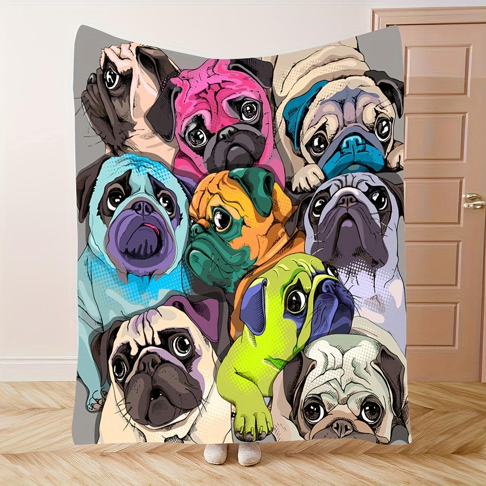 Cute Cartoon Pug Dog Blanket Colorful Pet Illustration Soft Cozy Warm Throw for Bed Sofa Travel Gift