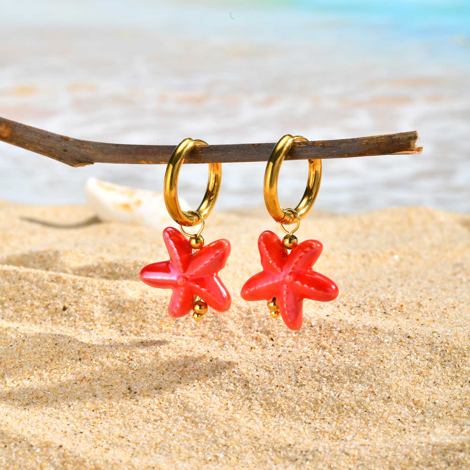 

Lovely Blue/Red Ceramic Starfish Earrings for Women,Gold Plated Stainless Steel Hoop Earrings,Summer Holiday Handmade Jewelry