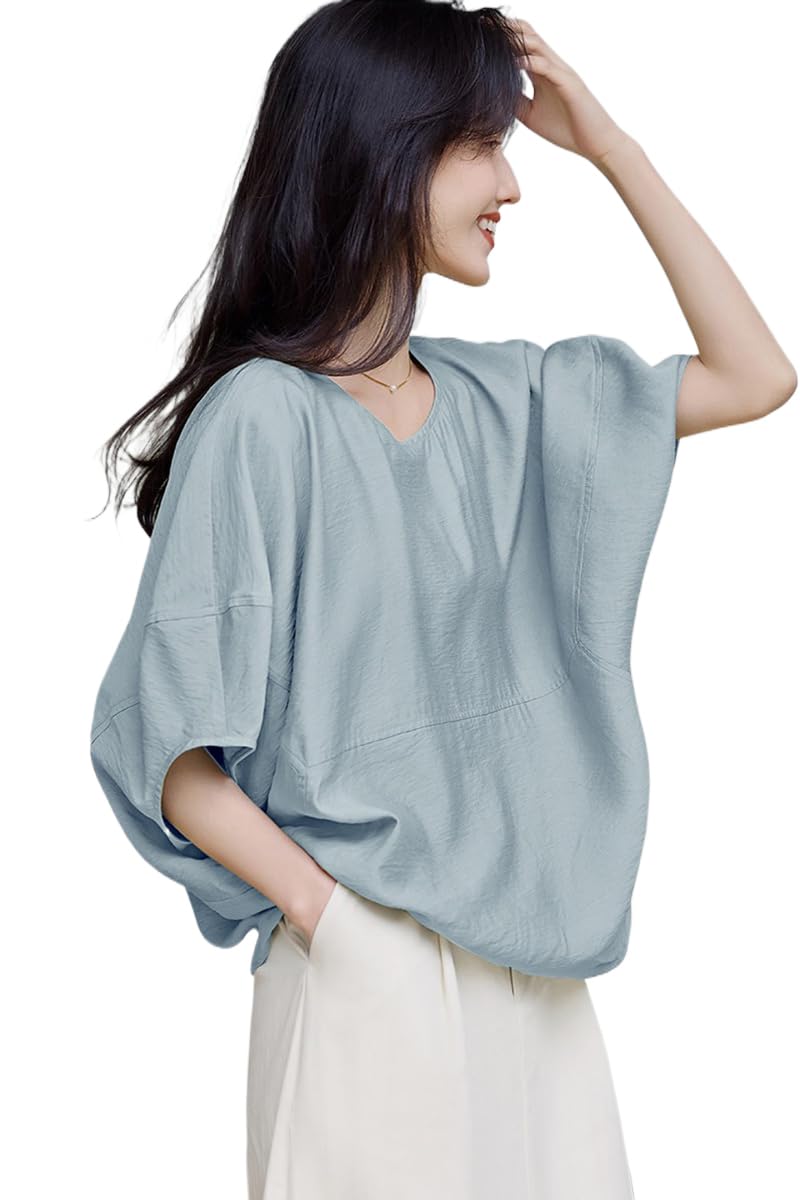 

Летняя блузка с коротким рукавом, круглым вырезом, рукавом долман, свободного кроя, большого размера, повседневная [H. zroy] женщины, топ, горловина, рукав, посадка, подчеркивающий фигуру, однотонный, куртка, размер, свободный, милый, синий