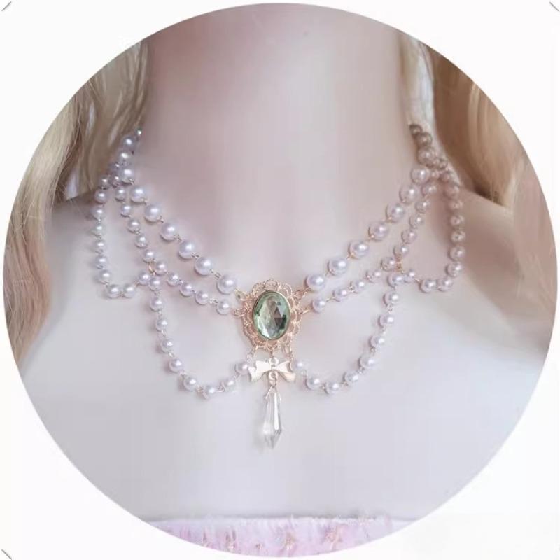 Elegant Black Layered Necklace Vintage Imitation Pearl Necklaces Gothic Victorian Lolita Costume Necklaces for Bridal Wedding
