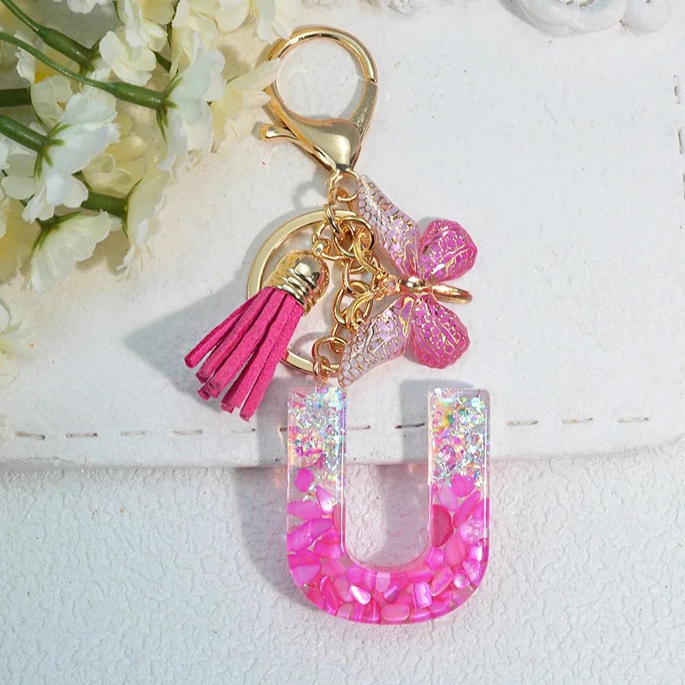Gradient Pink Jewelry Letter Keyring Resin Letter Keychain with Fringe Butterfly DIY Bag Decoration Pendant Party Gift