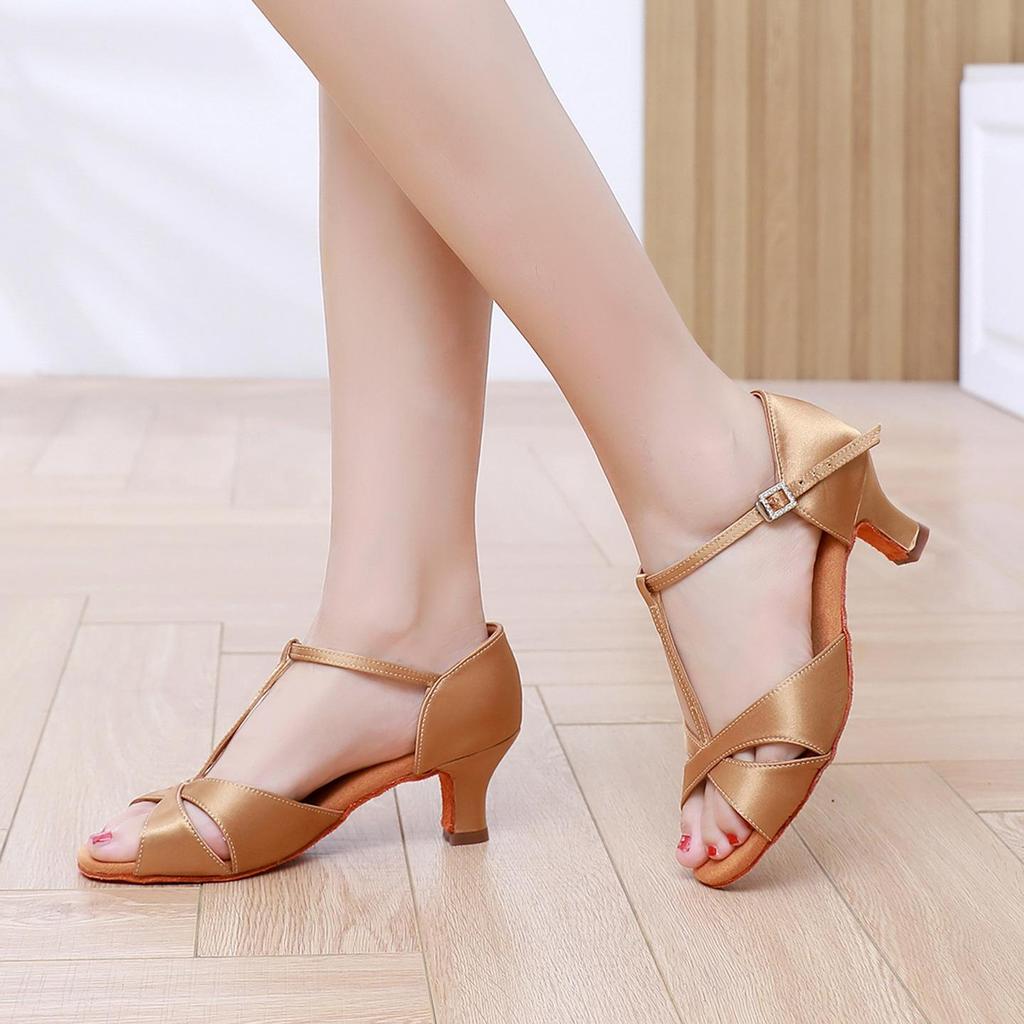 Women's Satin Latin Dance Shoes with Soft Sole, Medium-High Heel for Professional Practice
