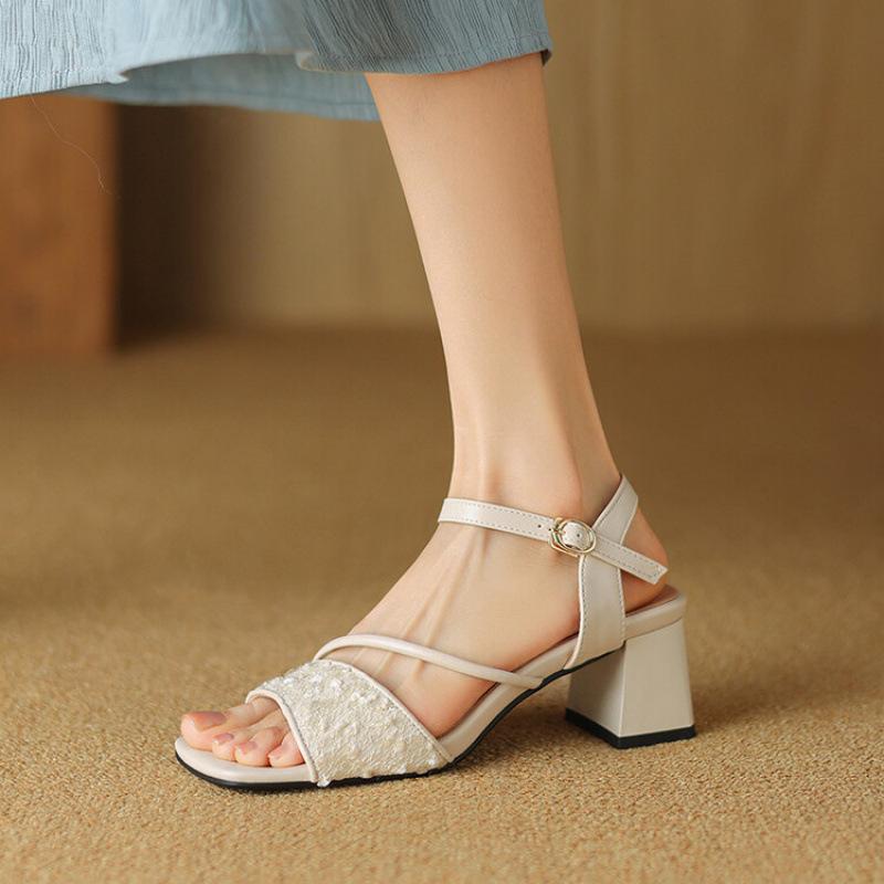 New summer middle heel with sandals women's rubber soft sole size women's shoes casual square heel square head sandals women's