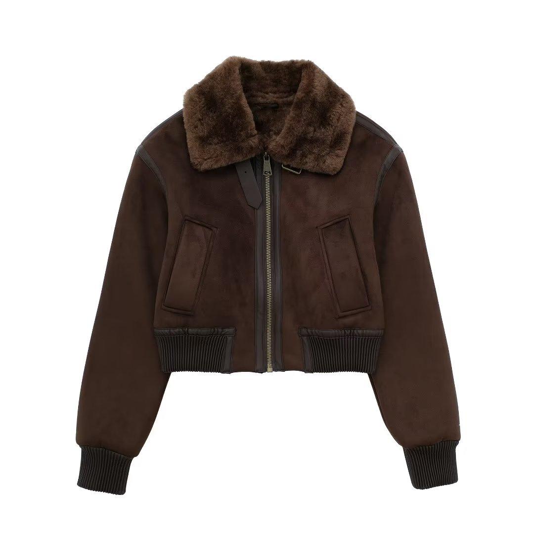 

2026 Autumn and Winter New Women s Casual Standing Neck Contrast Strap Decoration Loose Double Sided Jacket Coat L коричневий