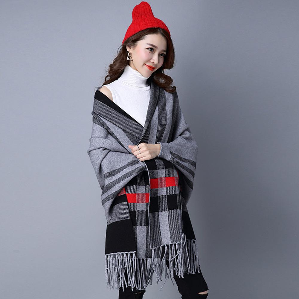 Women's Autumn and Winter Thick Faux Cashmere Scarf with Sleeves, Large Plaid Cheongsam Shawl, Wedding Cape