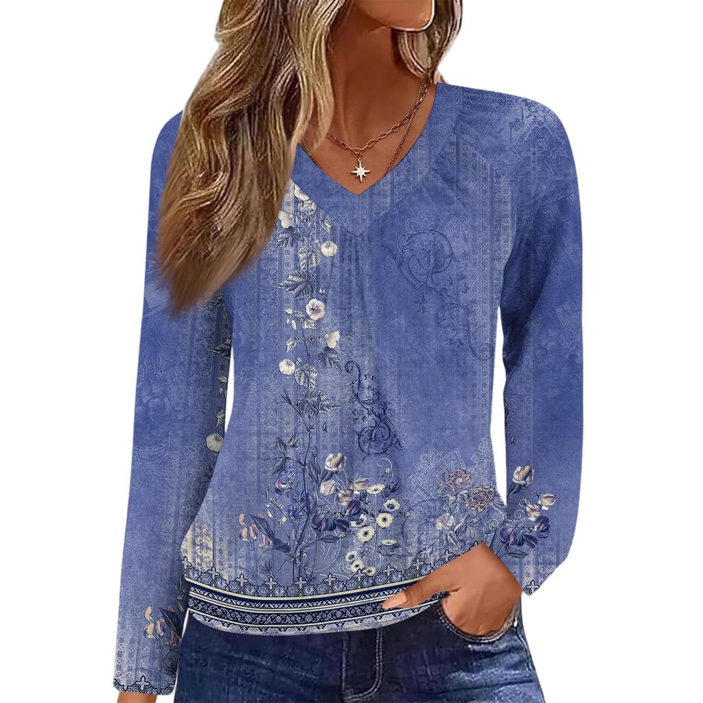 Women's Casual Fashion V-Neck Raglan Pleated Retro Printed Long Sleeve Top