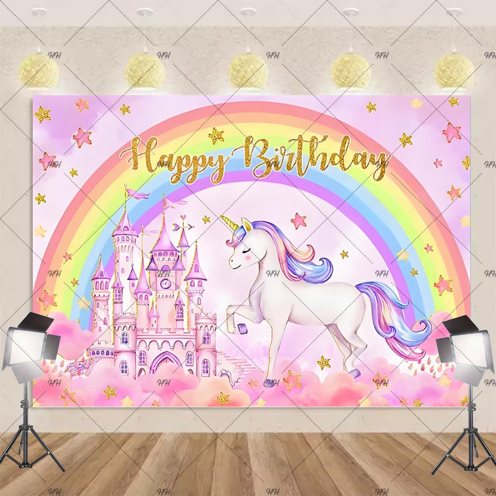 Cartoon Rainbow Unicorn Theme Princess Birthday Party Decoration Background Baby Shower Backdrop Photozone Studio Prophoot Props