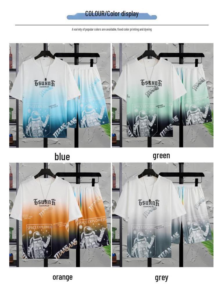 Men's Gradient Ice Silk Two-Piece Set: Short Sleeve & Shorts Summer Sportswear.