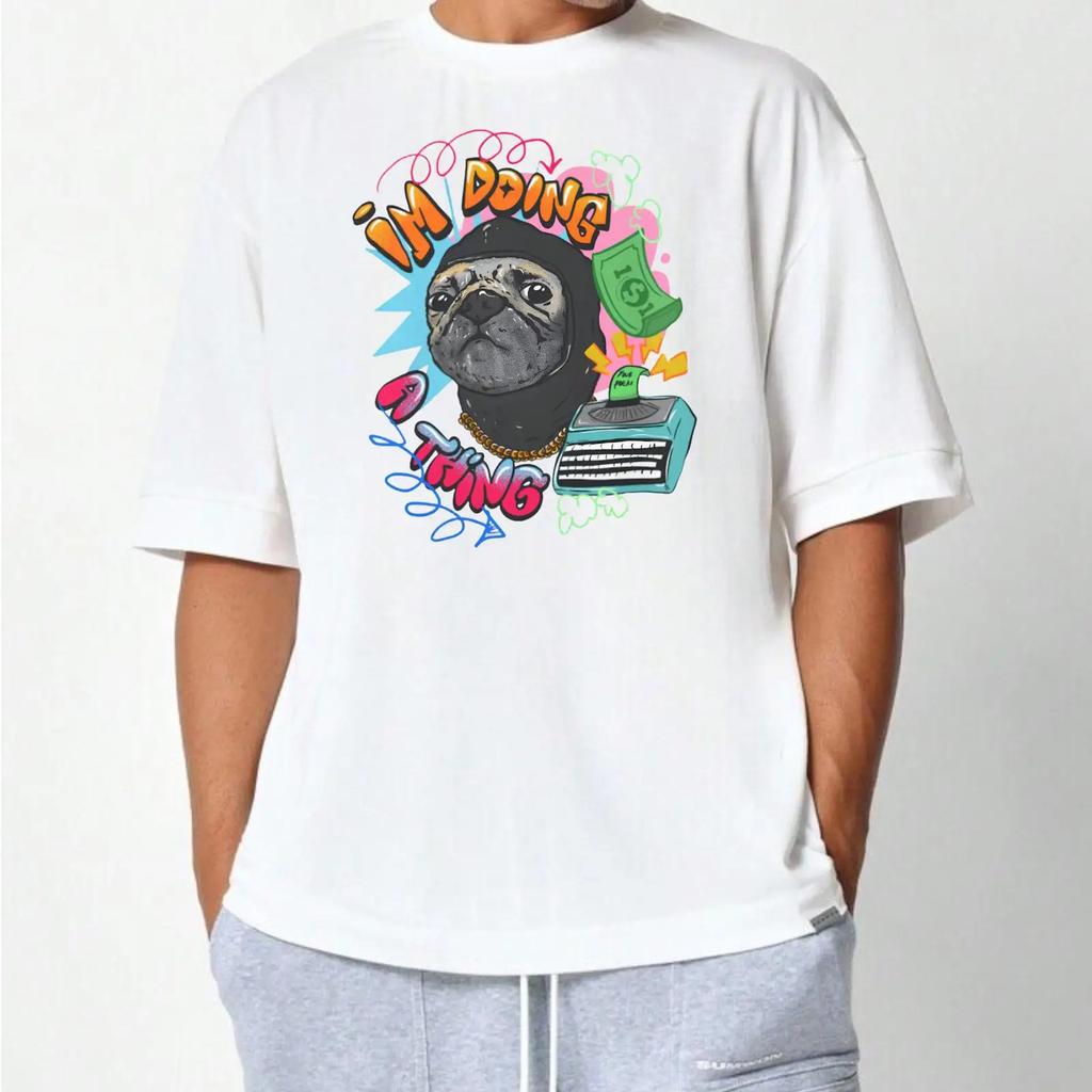 Retro Pug Dog T Shirt Cute Pet Colorful Cartoon Art Typewriter Money Novelty Top Vintage Versatile Streetwear Graphic