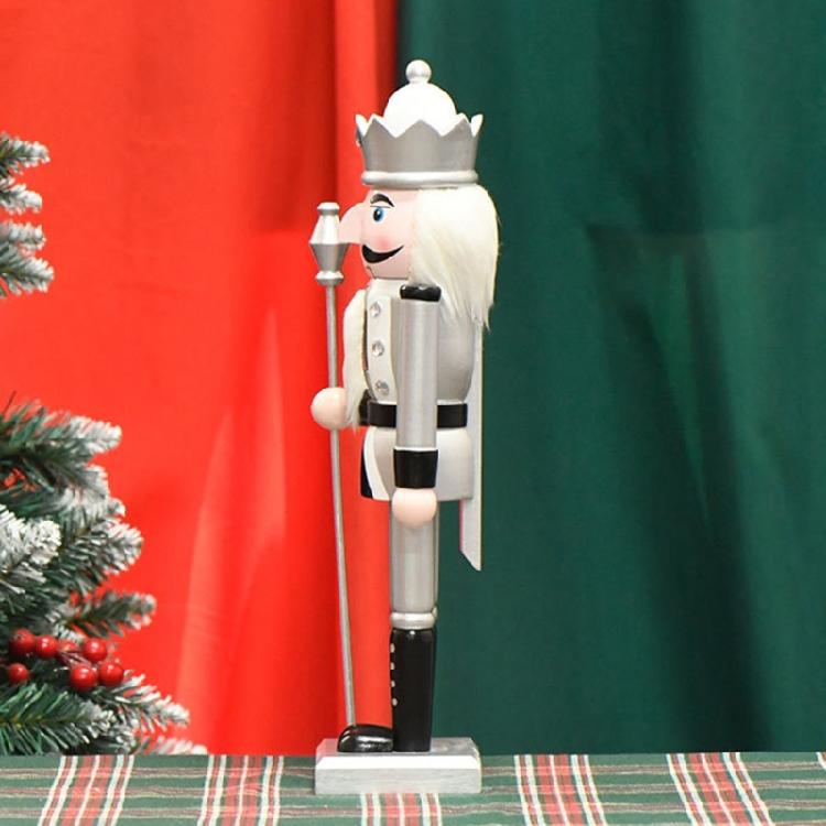 Dekoracyjne Drewniane Srebrne Dziadki do Orzechów 36cm Ręcznie Malowana Postać Króla Zabawka Świąteczne Dekoracje Stołu Dekoracje Świąteczne