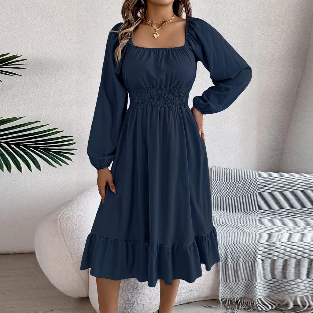 Women's Casual Solid Color Square Neck Long Sleeve Cinched Waist Ruffled A-line Skirt Dress