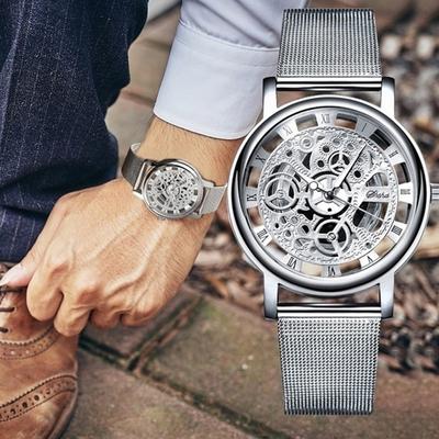 Yeni 1 adet erkek moda iş rahat oymak Quartz saat örgü kemer çelik kadranlı işaretçi roma kelime