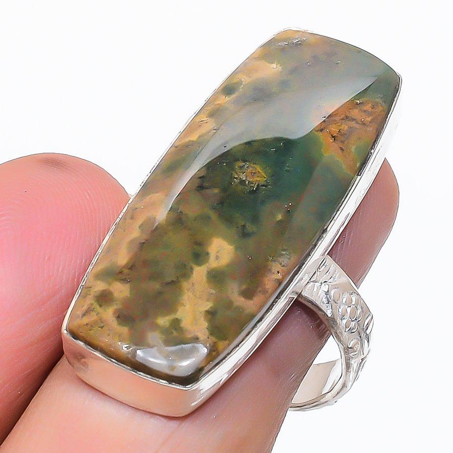 Naturlig Havjaspis Edelstein 925 Sterlingsølv Smykker Ring Størrelse 9 M5P70