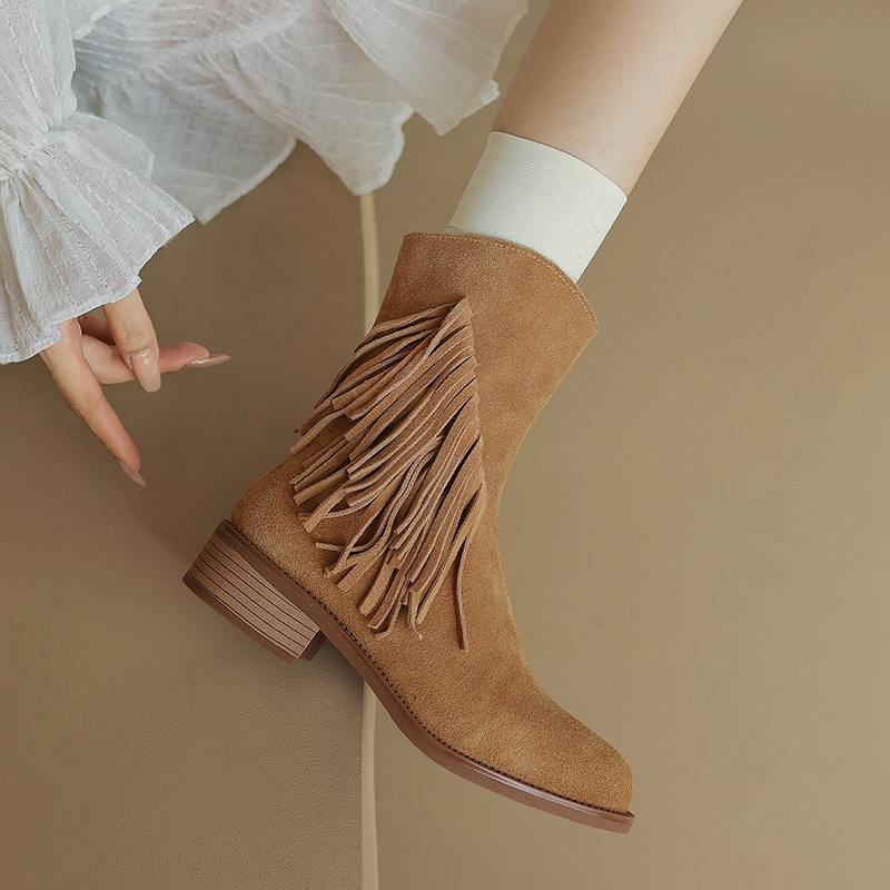 Krazing Pot Cow Suede Nubuck Autumn Winter Shoes Med Heels Size 42 Modern Boots Round Toe Zipper Tassel Ankle Boots