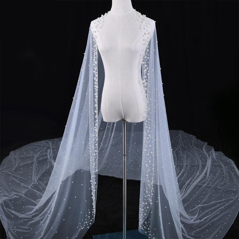 Wedding Bridal Veil Cut Edge Hair Accessories for Bride Single Layer Sheer Tulle 118" Pearls Embellished Chapel Veils