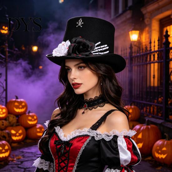 Skull Rose Costume Hat Adults Felt Top for Men Women, Steampunk Halloween Cosplay with Skeleton Makeup Party Decor Hand And Rose, Black Gothic