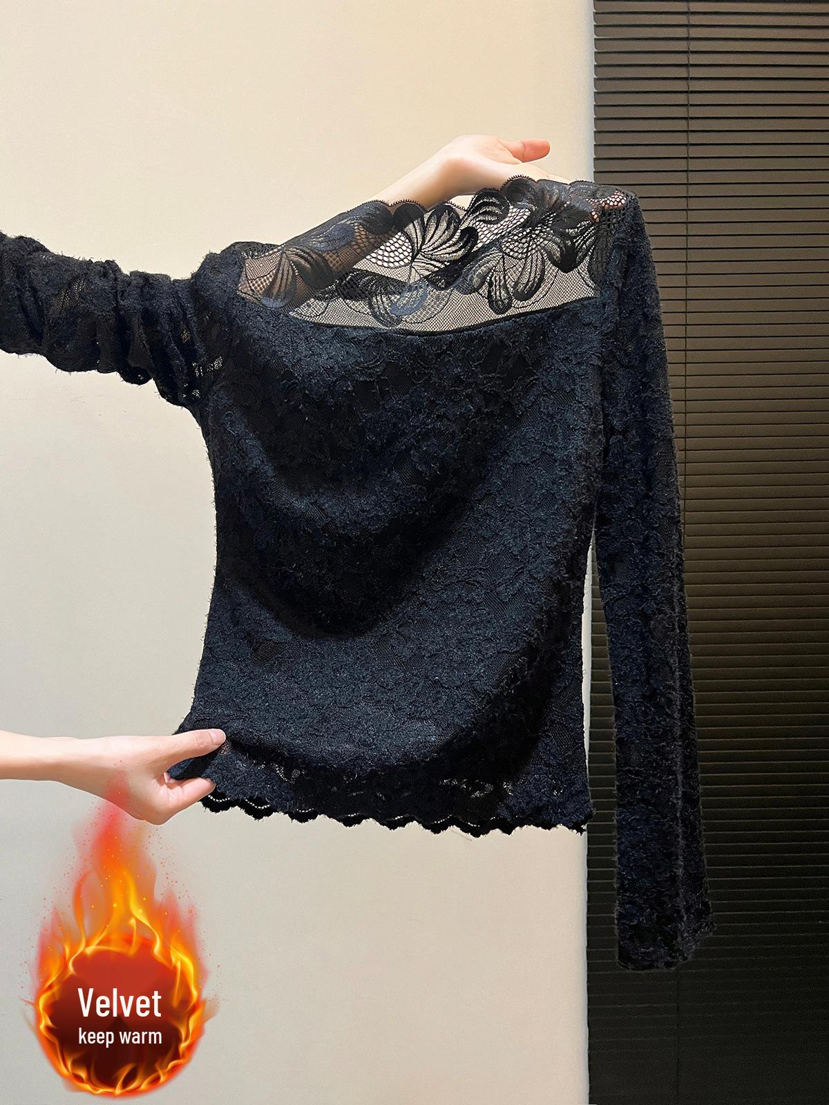 Chic Women s Lace-Trimmed Fleece Top: Stylish, Slimming, Warm Long-Sleeve for Autumn/Winter Large