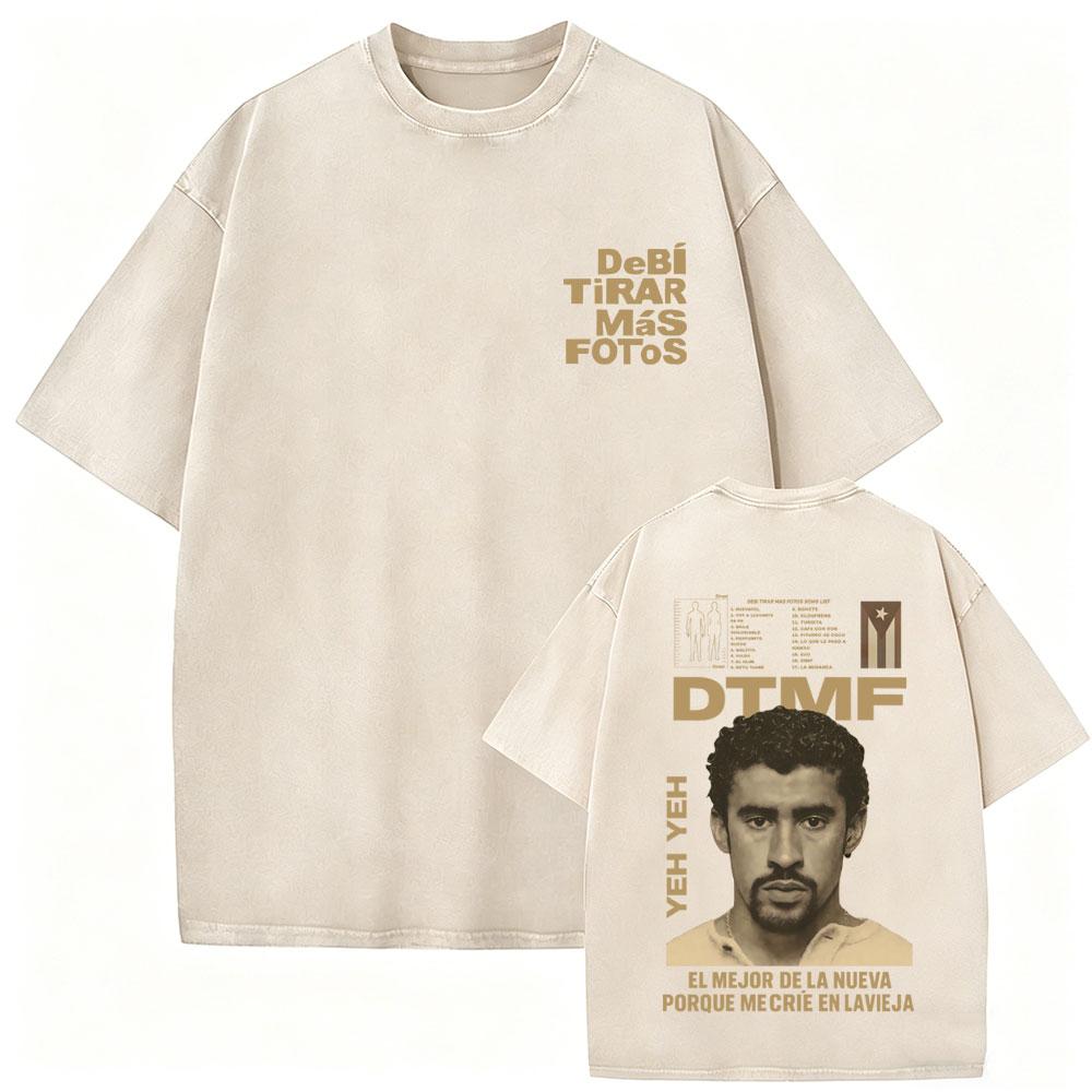 Rapper Bad Bunny Vintage Acid Washed Tshirt Debi Tirar Mas Fotos DTMF World Tour T Shirt Men Women Fashion Hip Hop Tshirt