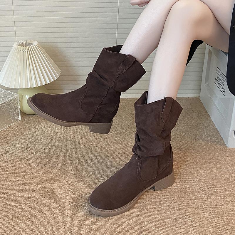 

Новый стиль замшевые западные ботинки на наборном каблуке женские ботинки до середины икры на толстом каблуке женская весенне-осенняя обувь однотонные ретро ботинки 40 коричневый