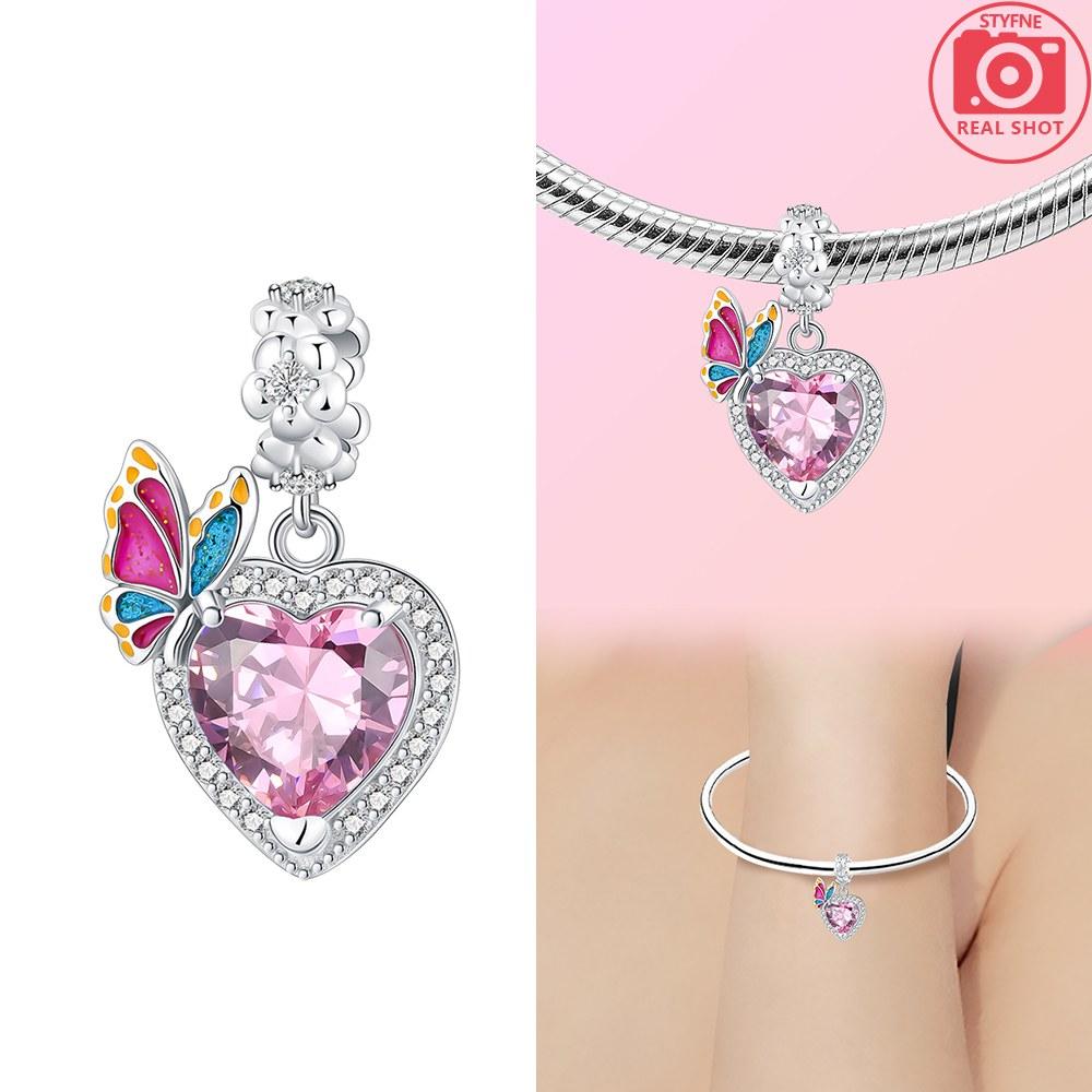 Copper Colors Pink Heart Charm Gift Butterfly Bead Charms Sparkling Zircon Compatible With Authentic Bracelets Do It Yourself Fine Jewellery Gift for