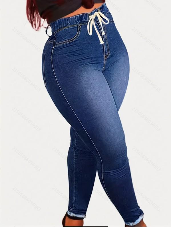 2025 Women's Plus Size Drawstring Slim Fit Elastic Jeans with Small Leg Opening
