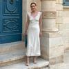 Lace Hollow Satin Long Dress Women Satin Sexy Off Shoulder Ruffle Slit Maxi Dresses Party Club Elegant Evening Dress