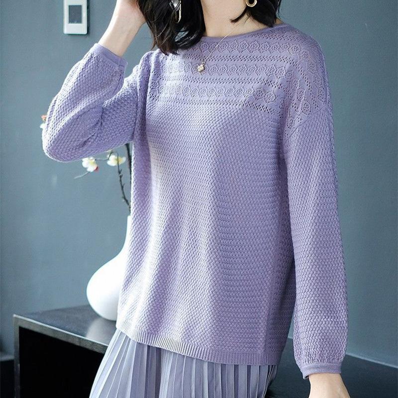 Blusa Feminina de Tricô Vazado Fina Primavera e Outono Feminina Manga Longa Suéter Solto para Vestir