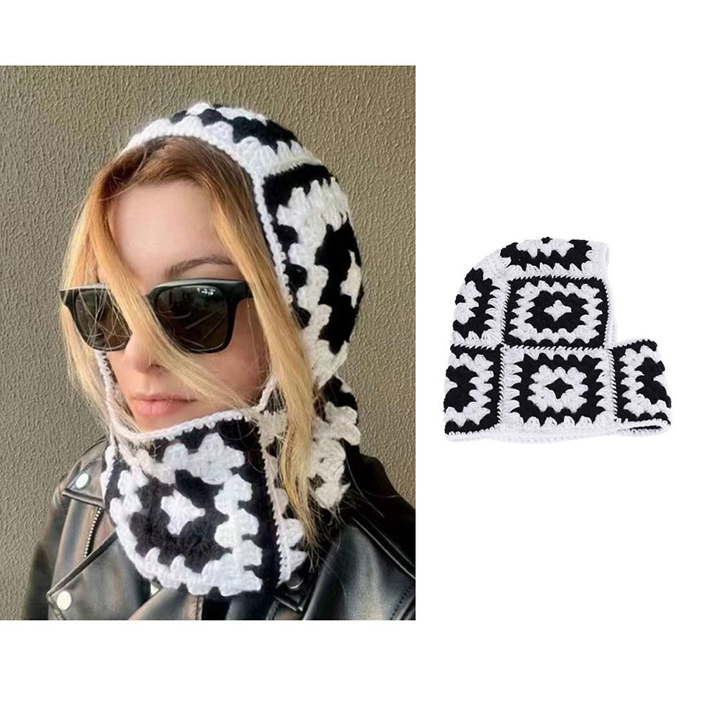 Fashion Designer Halloween Crochet Granny Square Balaclava Hat Women Winter Handmade Hollow Knit Hoodie Beanie Ski Mask