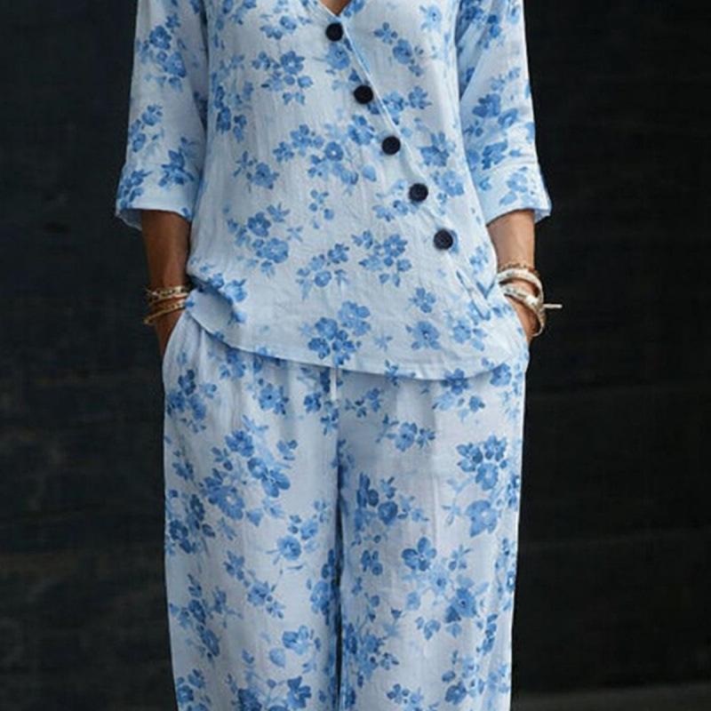 2026 Spring and Summer New Women's Clothing, European and American Minimalist Temperament Loose V-neck Diagonal Button Shirt Wide-leg Pants Two-piece