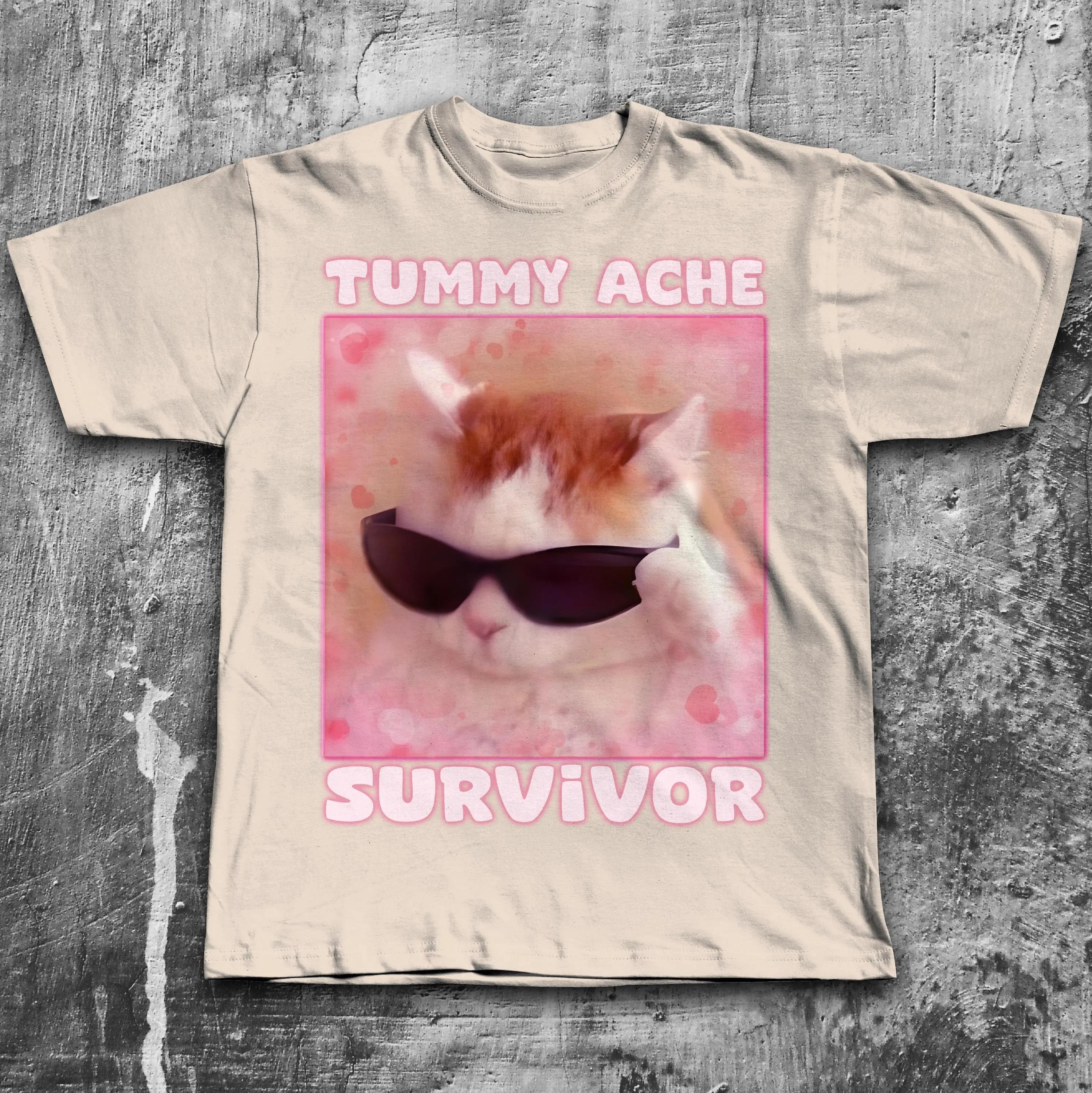 Выживший при боли в животе Смешной кошачий мем Футболка Подарок для мужчин Глупые кошки Футболка Модная летняя одежда Ироничная Глупая Одежда для мужчин S