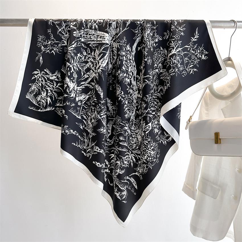 Women Luxury Brand Design Scarf Fashion Blossoms Floral Silk Scarves Square Bird On Tree Print Handkerchief Bandana 90*90Cm