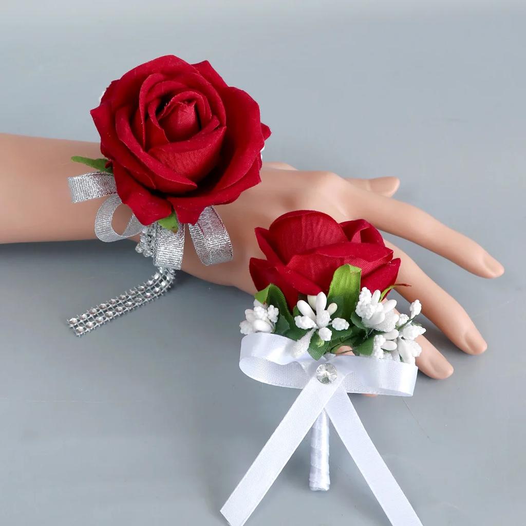 6pcs White Pink Corsage and Boutonniere Set Artificial Rose Wristlet Suit Flower for Men Wedding Party Prom Decoration