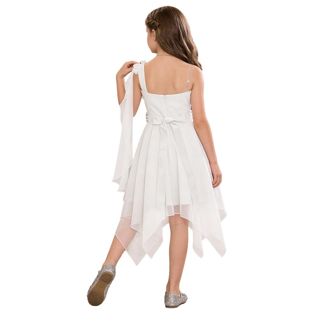 Flickors Snygga Rynkade Applikation Festklänning En axel Asymmetrisk fåll Chiffongklänning Glänsande Pärlförsedd Bälte