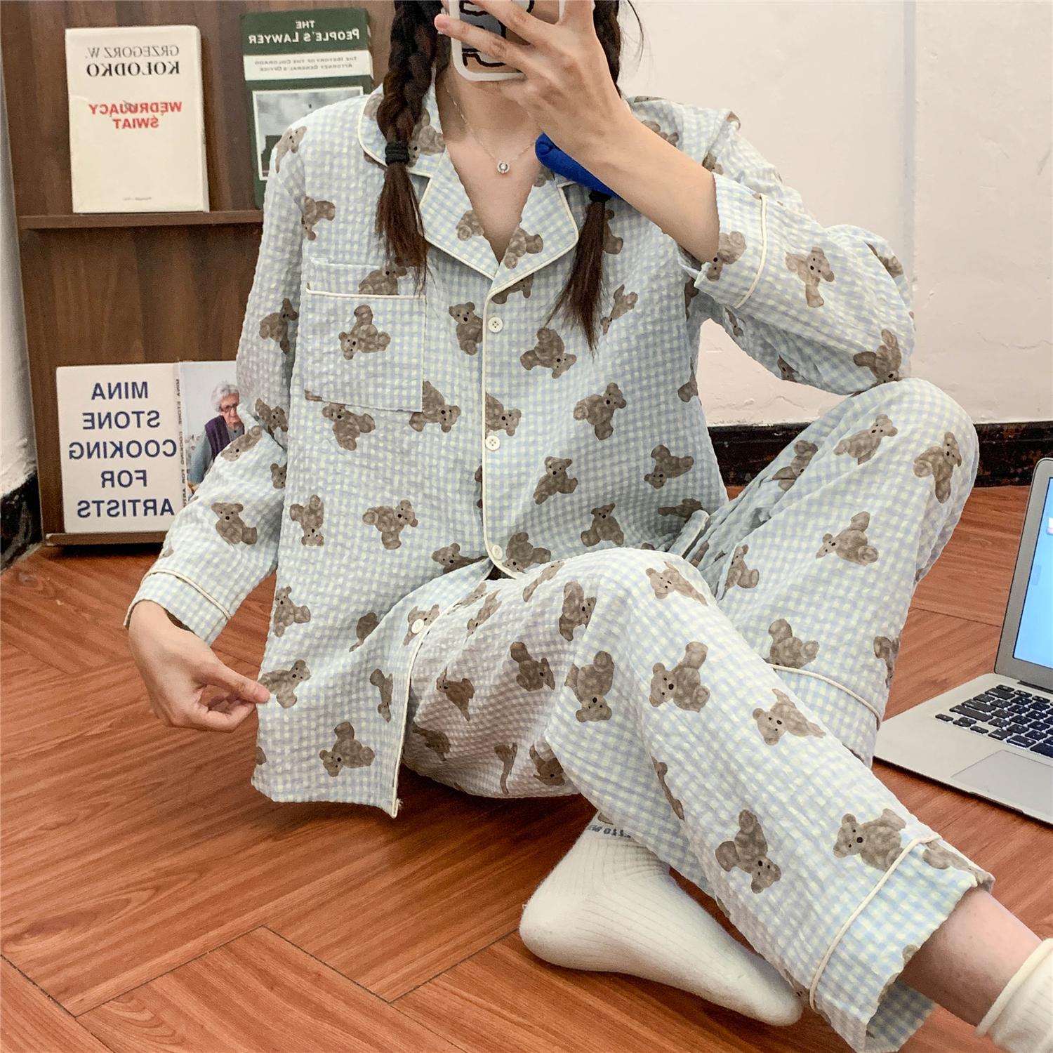 

Женская пижама, новый осенне-весенний комплект с длинными рукавами, мягкая пижама в сетку с рисунком, женская домашняя ночная одежда, комплект кардиган M