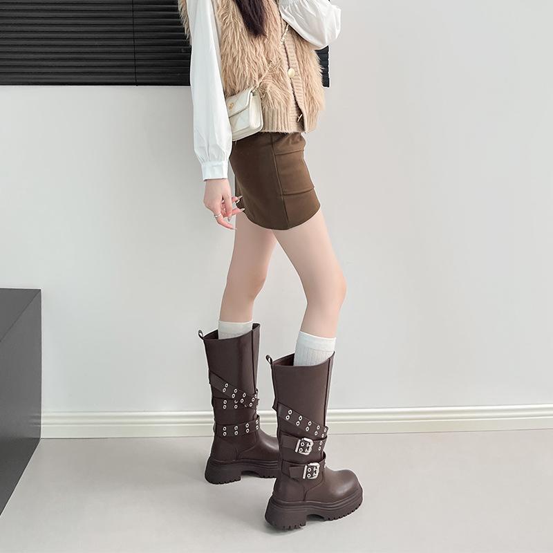 British platform knight boots belt buckle retro medium tube thick heel boots women's big tube circumference Spice girl western cowboy boots